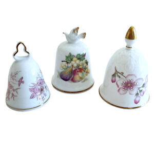 Vintage Porcelain Bells Flowers Cherries Birds Cottagecore Farmhouse Lot Of 3